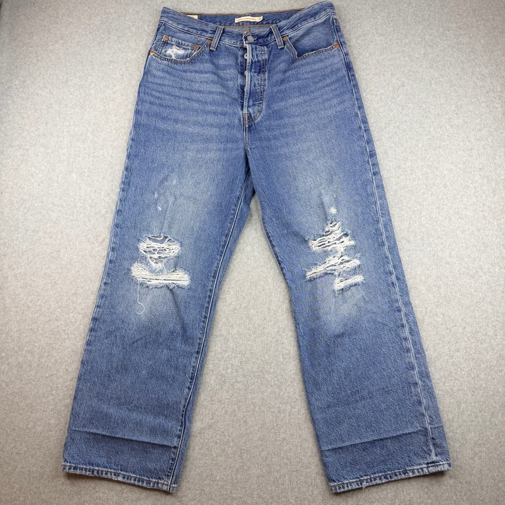 Levis Premium Ribcage Straight Ankle Jeans Blue Distressed High Rise 30x27 72693